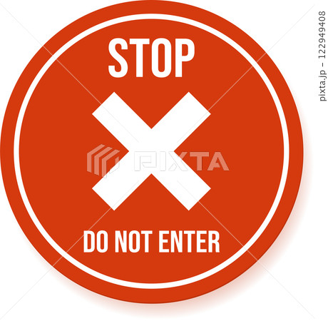 Round red stop sign with white cross and do not enter writing, communicating prohibition, warning, and driving directions for safety and traffic regulation Round red stop sign with white cross and do not enter writing, communicating prohibition, warning, and driving directions for safety and traffic regulation 122949408