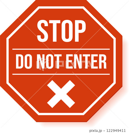 Octagonal stop and do not enter sign with white inscription on orange background conveying prohibition, warning, and driving directions, isolated on white background with drop shadow 122949411