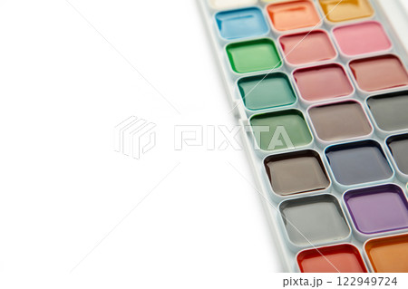 Watercolor paints in box isolated on white background with clipping path Watercolor paints in box isolated on white background with clipping path 122949724