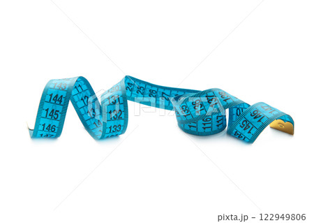 Blue plastic measure tape with metric scale isolated on white background. 122949806