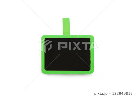 Blank wooden chalk plate on green clothespin isolated on white background Blank wooden chalk plate on green clothespin isolated on white background 122949815