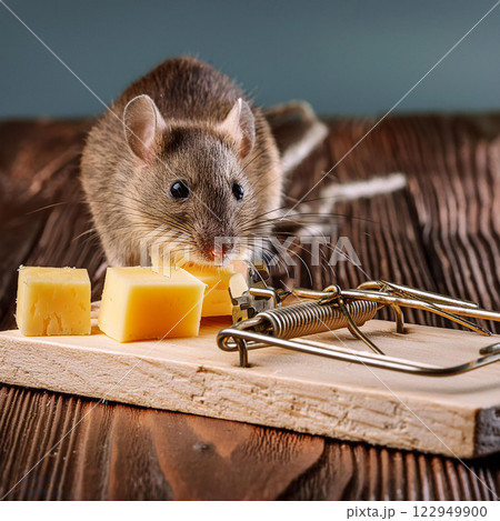 Cute mouse sniffing at the cheese that is on the mousetrap 122949900