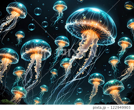 Swarm of jellyfish floating under the surface 122949903