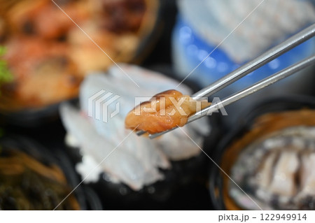Korean seafood dish. Raw sea squirt sashimi Korean seafood dish. Raw sea squirt sashimi 122949914