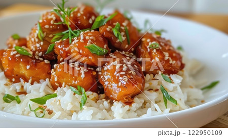 A hearty serving of sesame chicken with a sweet glaze, paired with fluffy rice to complete this comforting dish. A hearty serving of sesame chicken with a sweet glaze, paired with fluffy rice to complete this comforting dish. 122950109