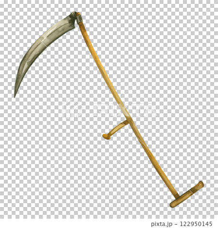 Scythe, tool for mowing grass, harvesting. Garden tool hand drawn in watercolor and isolated on white background. Watercolor illustration. Suitable for package design, festival, Halloween. Scythe, tool for mowing grass, harvesting. Garden tool hand drawn in watercolor and isolated on white background. Watercolor illustration. Suitable for package design, festival, Halloween. 122950145