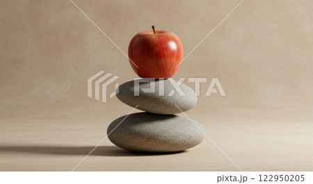 調和とバランス:リンゴと積み重なる石の静寂な構図 調和とバランス:リンゴと積み重なる石の静寂な構図 122950205