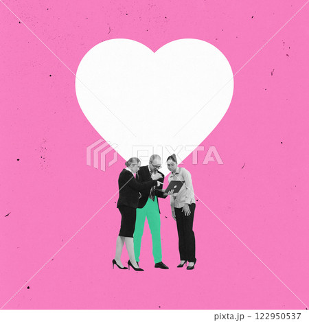 Contemporary art collage. Business professionals, standing together, discussing over laptop against pink background with large heart icon. Contemporary art collage. Business professionals, standing together, discussing over laptop against pink background with large heart icon. 122950537