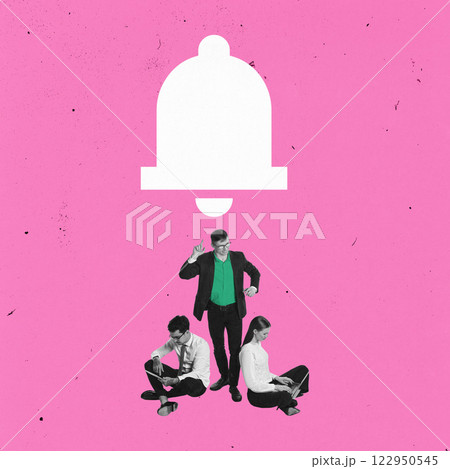 Contemporary art collage. Group of business professionals, standing below large white bell icon against pink background. Contemporary art collage. Group of business professionals, standing below large white bell icon against pink background. 122950545