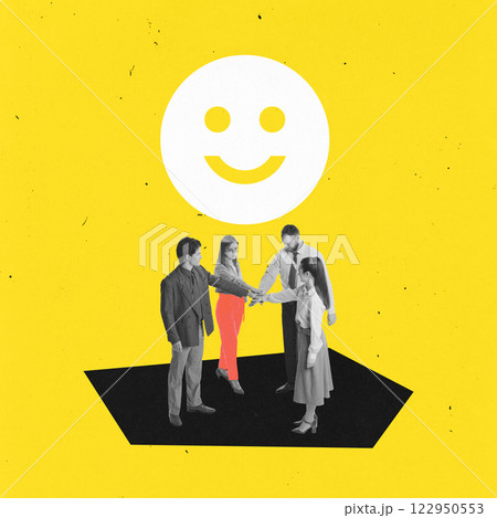 Contemporary art collage. Group of people, business partners, standing stack hand on hand against sunny yellow background with smiling icon above. Contemporary art collage. Group of people, business partners, standing stack hand on hand against sunny yellow background with smiling icon above. 122950553