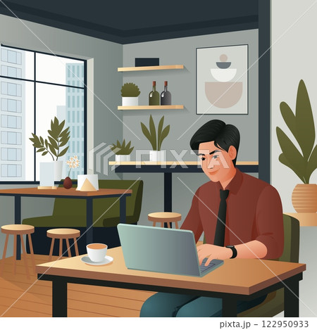 Modern vector illustration of a young professional working on a laptop in a stylish cafe. The cozy coffee shop setting features warm tones, minimalist decor, indoor plants, and large windows allowing 122950933