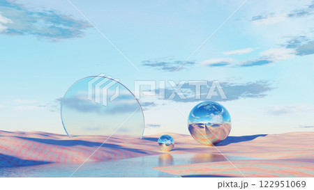 3D render, Futuristic surreal landscape with reflective spheres and curved mirrors in a serene environment 3D render, Futuristic surreal landscape with reflective spheres and curved mirrors in a serene environment 122951069