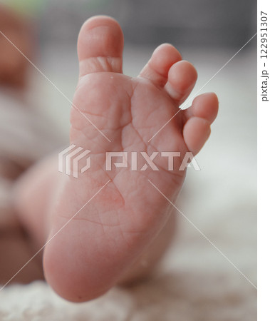 A newborn baby's feet in mom s hands close-up. High quality photo 122951307