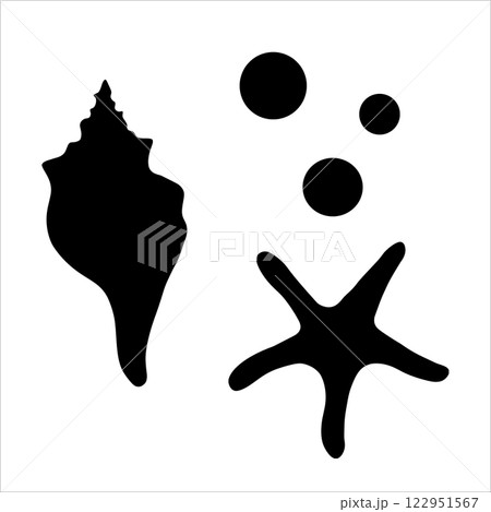 Vector silhouette of shells, starfish and bubbles. Illustrations of the sea underwater world drawn with black ink. Black outline icon of shell and mollusks 122951567