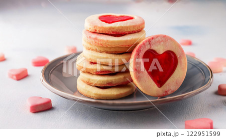 Delicious Stacked Butter Cookies Shaped as Love Hearts Filled wi 122951599