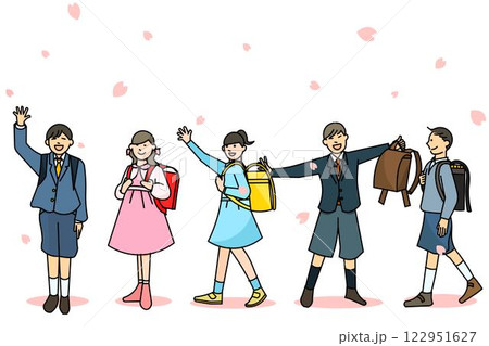 桜の花と歩く子どもたちー全身ー卒業入学の小学生人物シンプル線画ベクターイラスト素材 122951627