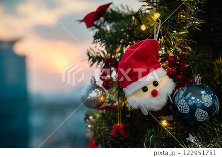 Nativity Scene with Christmas Tree and Balloon Decorations in Office Festive Atmosphere with Santa Claus. High quality photo Nativity Scene with Christmas Tree and Balloon Decorations in Office Festive Atmosphere with Santa Claus. High quality photo 122951751