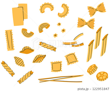 An illustration of different types of pasta. Italian macaroni set. An illustration of different types of pasta. Italian macaroni set. 122951847