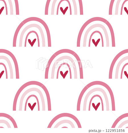 Saint Valentine's Day seamless pattern with pink rainbows and hearts. Background, nursery wallpaper, wrapping paper, fabric. 122951856