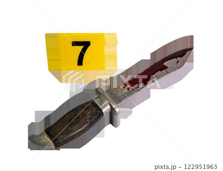 A combat knife covered in blood at a crime scene with a marker number 7 installed nearby. Transparent background. High quality photo A combat knife covered in blood at a crime scene with a marker number 7 installed nearby. Transparent background. High quality photo 122951963