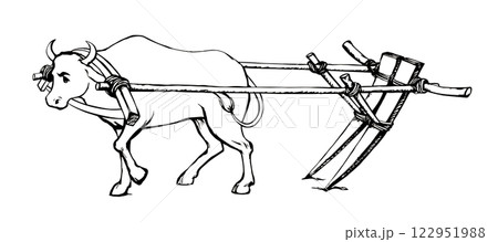 Vector drawing. Old wooden plow 122951988