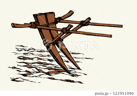 Vector drawing. Old wooden plow 122951990