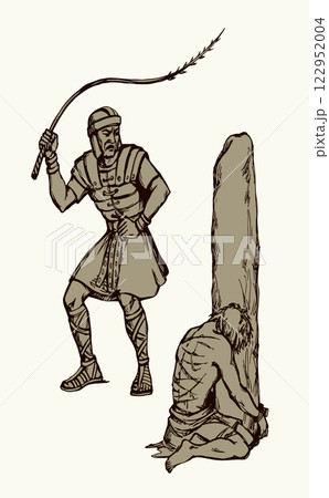 Vector drawing. Beaten man tied to a pole Vector drawing. Beaten man tied to a pole 122952004