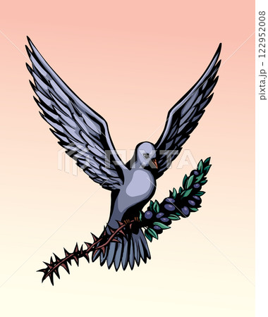 Vector drawing. Dove turn thorn branch into olife fruits 122952008