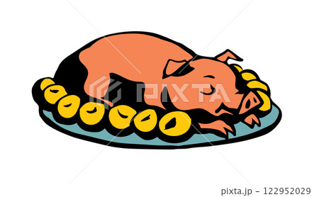 Vector drawing. Tasty pig on the plate Vector drawing. Tasty pig on the plate 122952029