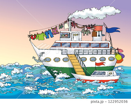 Pencil drawing. The gangway is lowered from the ship onto the boat. 122952036