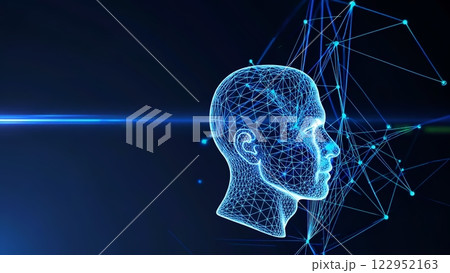 Neural network wireframe head rotating, generating interconnected pathways. Luminous beam traversing dark blue digital landscape, representing ai cognitive processing Neural network wireframe head rotating, generating interconnected pathways. Luminous beam traversing dark blue digital landscape, representing ai cognitive processing 122952163