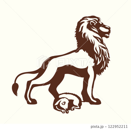 Vector drawing. Lion and lamb walks together 122952211