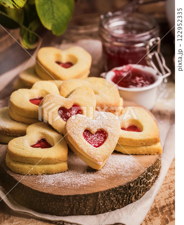 Irresistible Heart Shaped Butter Cookies Filled with Jam Perfect 122952335