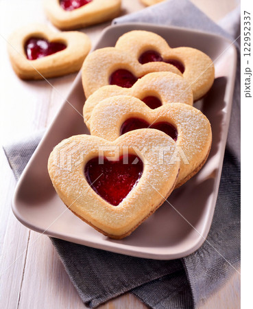 Delightful Heart Shaped Baked Butter Cookies Filled with Jam Per 122952337