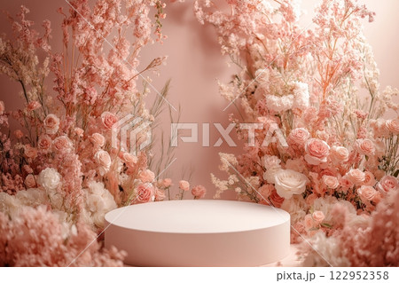Elegant floral product podium with pastel roses and delicate greenery on display Elegant floral product podium with pastel roses and delicate greenery on display 122952358