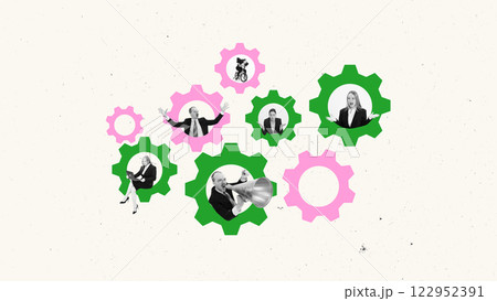 Contemporary art collage. Multiple business professionals interacting inside pink and green gears against light beige background. 122952391