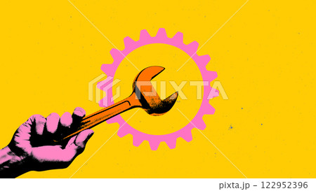 Contemporary art collage. Hand holding large orange wrench in front of pink gear against yellow background. Contemporary art collage. Hand holding large orange wrench in front of pink gear against yellow background. 122952396