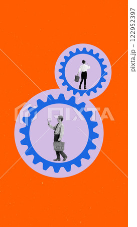 Contemporary art collage. Two business professionals walking inside interconnected blue gears against orange background. Contemporary art collage. Two business professionals walking inside interconnected blue gears against orange background. 122952397