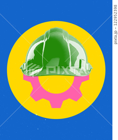 Contemporary art collage. Green safety helmet placed over pink gear inside yellow circle against blue background. 122952398
