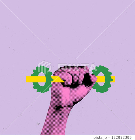 Contemporary art collage. Strong fist gripping yellow bar with green gears on both ends against pastel purple background. 122952399