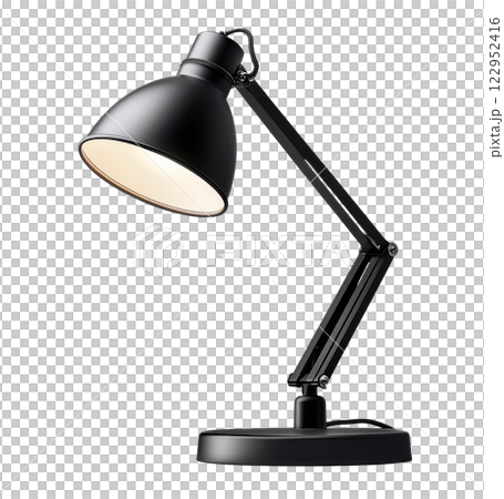 Adjustable black desk lamp illuminating a workspace with a modern design and sleek finish 122952416