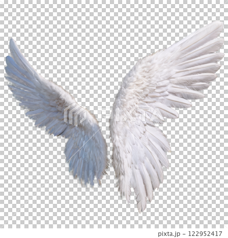 A striking white wing sculpture features numerous detailed feathers 122952417