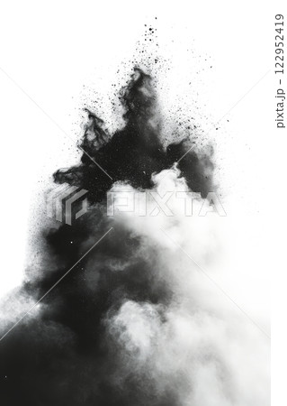 Black powder explosion creating a dramatic burst effect against a white background 122952419