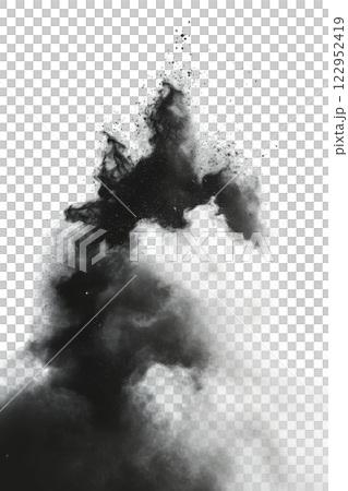 Black powder explosion creating a dramatic burst effect against a white background 122952419