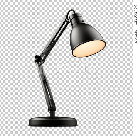 A black desk lamp with an adjustable arm placed on a plain white background showcasing modern design 122952454