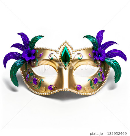 Colorful decorative mask featuring intricate designs and vibrant feathers 122952469