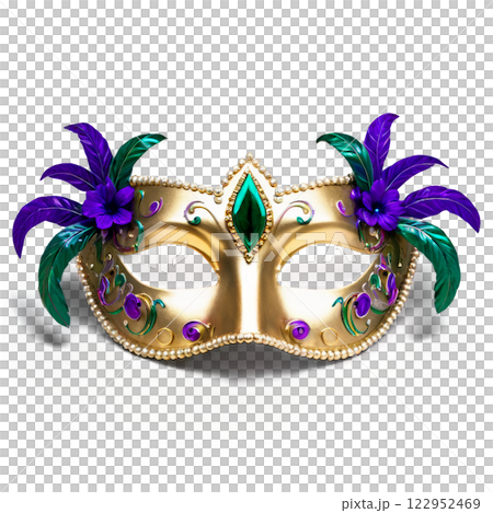 Colorful decorative mask featuring intricate designs and vibrant feathers 122952469