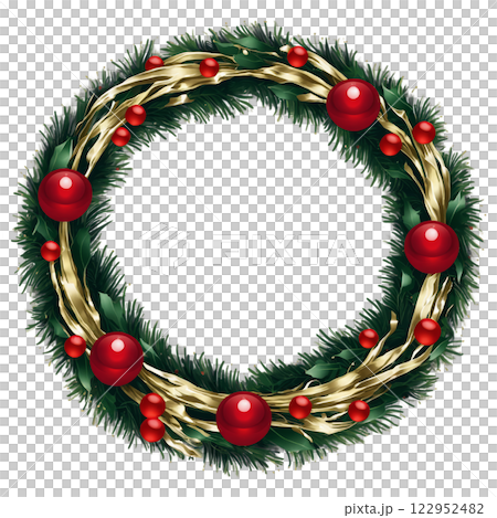 Decorative holiday wreath with red poinsettias and green foliage for seasonal celebration 122952482