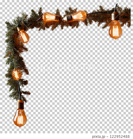 Garland decorated with warm, glowing lights during a cozy evening gathering in winter 122952488