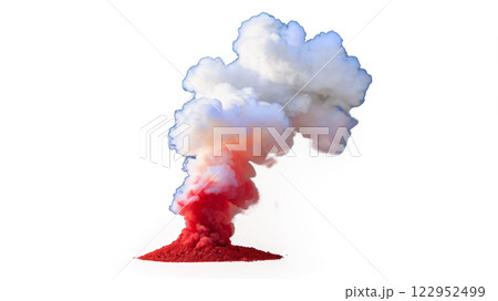 Dramatic red and white smoke cloud billowing against a seamless white background 122952499